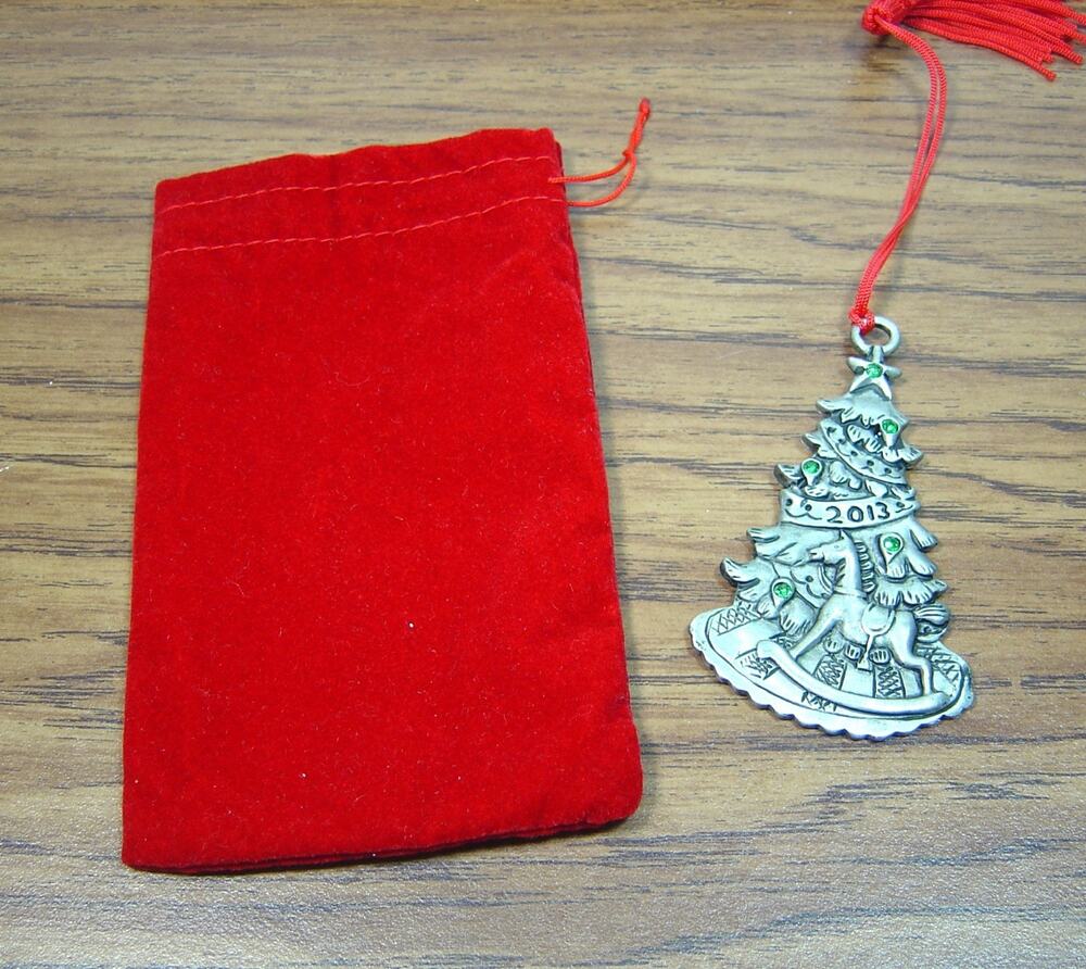 AVON PEWTER ORNAMENT-TREE WITH GREEN RHINESTONE ACCENTS-2013-RED VELVET BAG